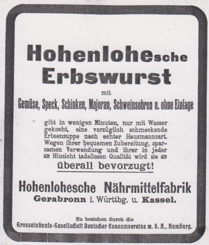 Konsumgenossenschaftliche Rundschau_02_1905_p708_Erbswurst_Hohenlohe