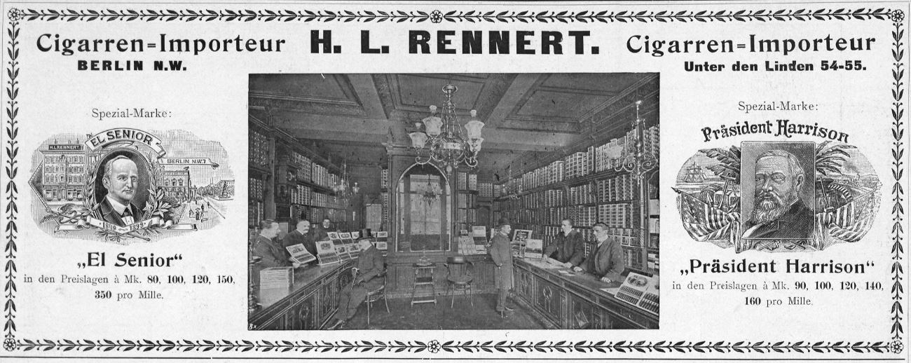 04_Berliner Leben_08_1905_Nr12_sp_Zigarrenhandlung_Verkaufsräume_Verkäufer_H-L-Rennert_Präsident-Harrison