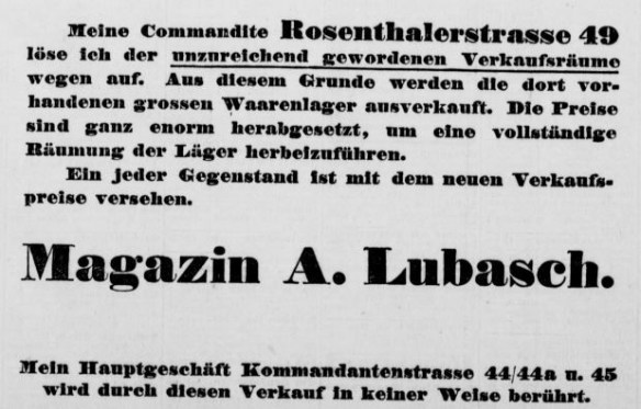 08_Geschäftsauflösung Lubasch Rosenthalerstraße 49_Berliner Tageblatt_1895_07_19_Nr472_p15