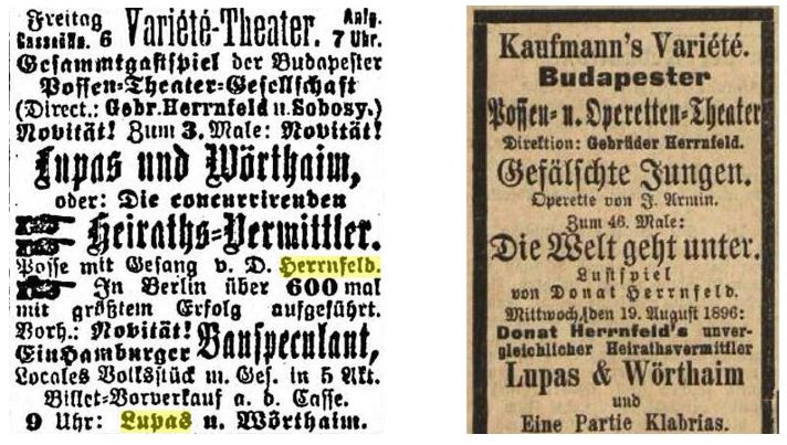 09_Anzeige für die Posse Lupas und Wörthaim_Hamburger Anzeiger_1894_11_16_p8_Vorwärts_1896_08_15_Nr190_p8