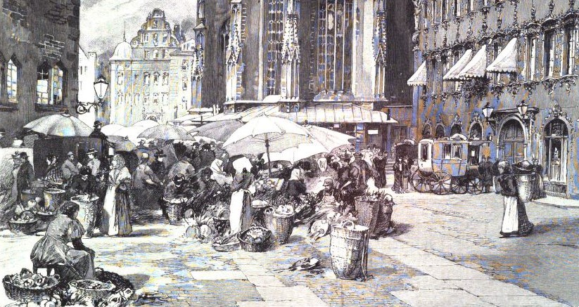 13_Illustrirte Zeitung_113_1899_p435_Wochenmarkt_Obst_Frauenarbeit_Verkäuferinnen_Gemüse_Würzburg_Stadt-Land