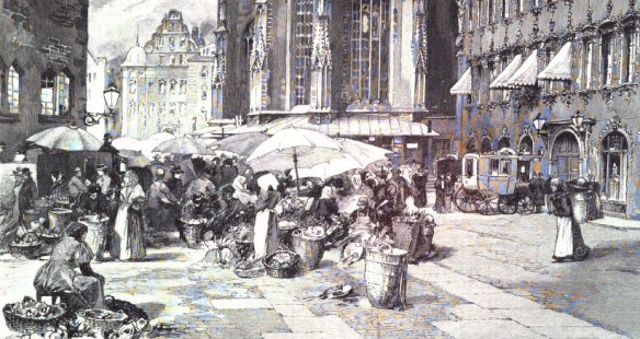 13_Illustrirte Zeitung_113_1899_p435_Wochenmarkt_Obst_Frauenarbeit_Verkäuferinnen_Gemüse_Würzburg_Stadt-Land