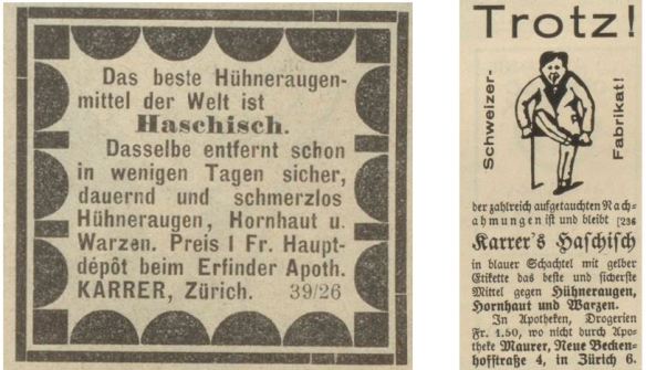 03_Nebelspalter_20_1894_H06_Ebd_52_1926_H10_Hühneraugenmittel_Haschisch_Karrer_Zürich_