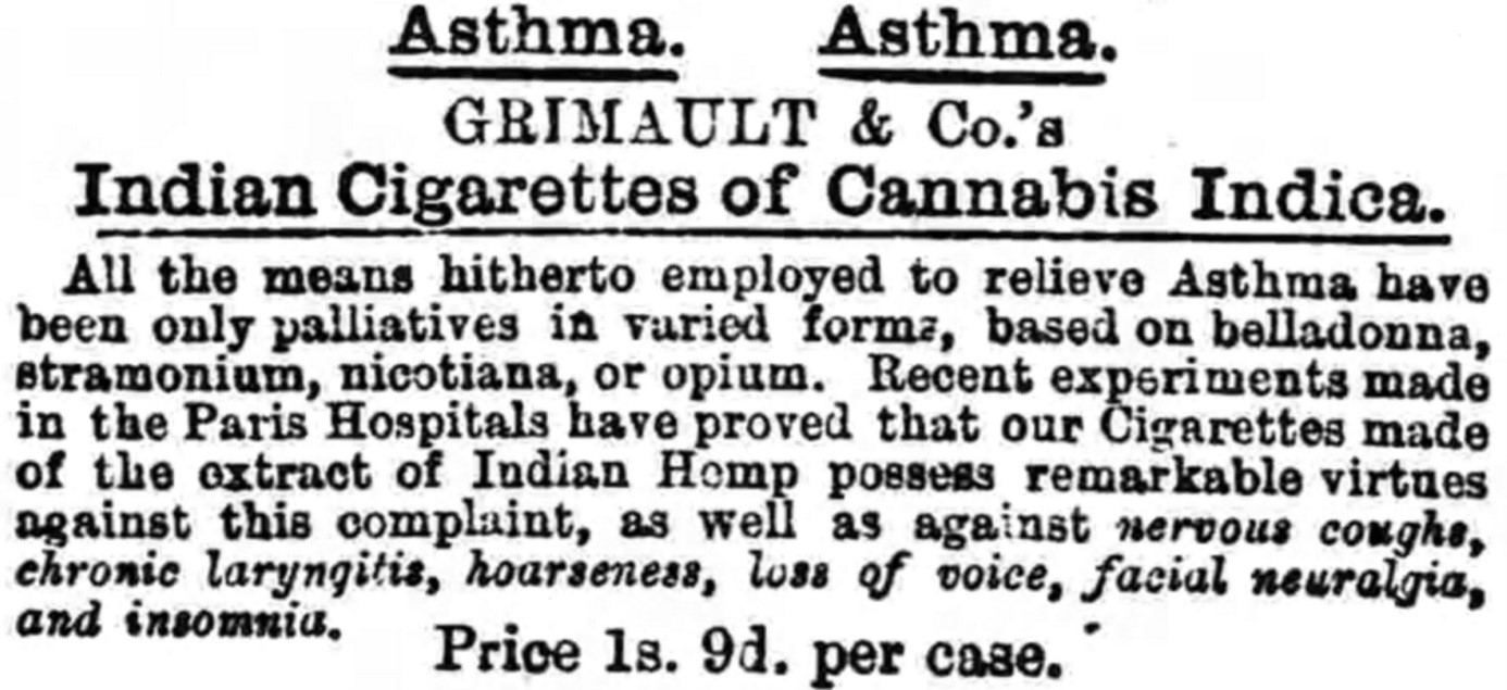 04_Lancester Gazette_1872_09_07_Nr4454_p7_Medizinalzigaretten_Grimault_Hanfzigaretten