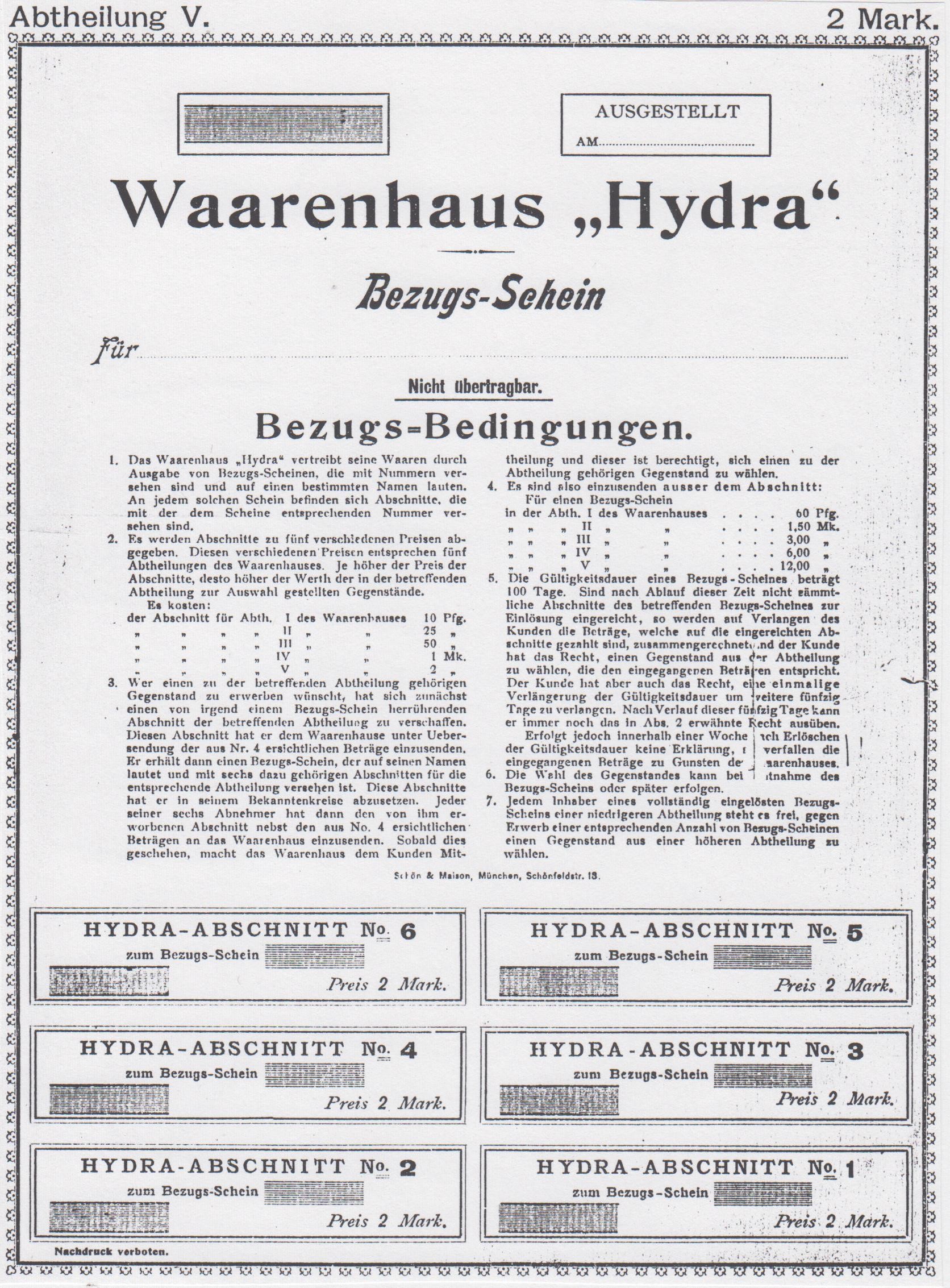 02_Stadtarchiv München_Gewerbeamt 215_Schneeballsystem_Hydra_München_Bezugsschein