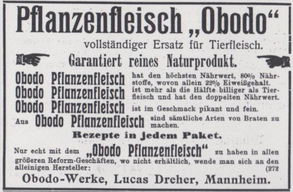 06_Vegetarische Warte_41_1908_Anzeigenanhang_Fleischersatz_Pflanzenfleisch_Obodo_Lucas-Dreher_Mannheim