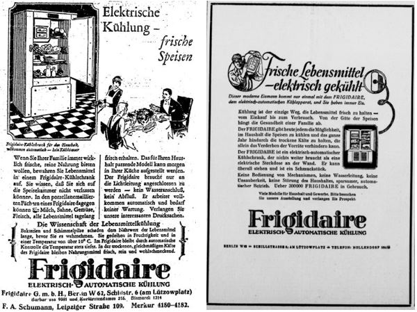 17_BZ am Mittag_1925_05_04_p07_Berliner Börsen-Zeitung_1927_05_01_Nr201_p10_Elektrogeräte_Kühlschrank_Frigidaire_Frische