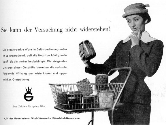 22_Neue Verpackung_09_1956_p445_Konsumentin_Einkaufswagen_Glas_Verpackung_Selbstbedienung_Konserve
