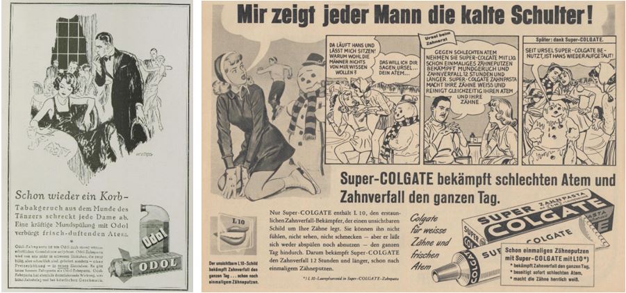 28_Das Magazin_04_1927-28_p1845_Kristall_14_1959_p130_Mundgeruch_Mundwasser_Odol_Zahnpasta_Colgate_Mann-Frau