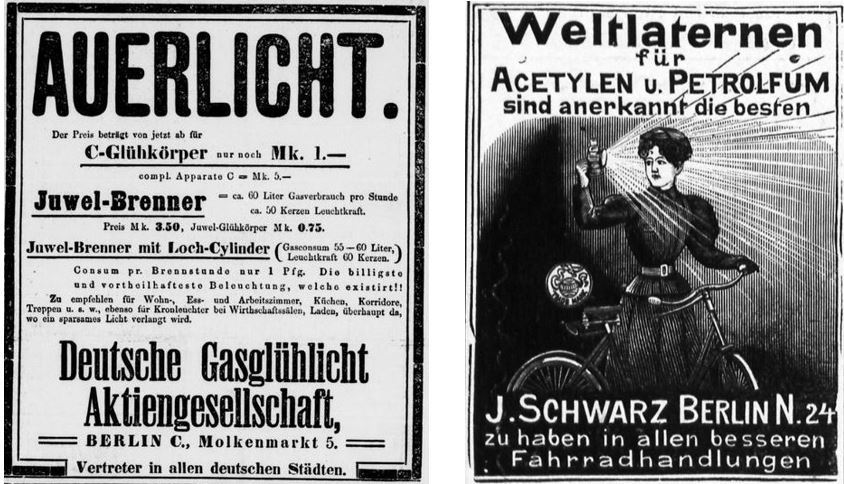 070_Vossische Zeitung_1897_10_01_Nr460_p17_Gaslicht_Auerlicht_Berliner Leben_05_1902_Nr05_sp_Fahrradartikel_Fahrradlampe_Acetylen