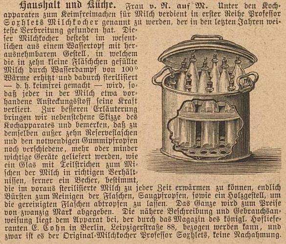 087_Der Bazar_37_1891_p140_Säuglingsernährung_Milch_Soxhlet-Apparat_Pasteurisierung