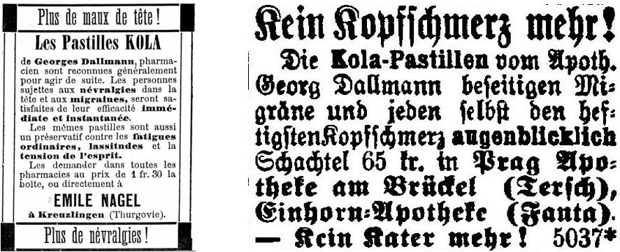 13_La Suisse Liberale_1889_06_08_Nr133_p4_Heilmittel_Kola-Pastillen_Dallmann_Prager Tagblatt_1889_10_23_Nr293_p20_Kopfschmerzen