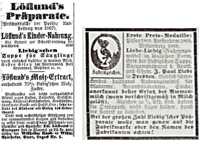 04_Die Presse_1869_07_01_Nr180_p8_Kladderadatsch_24_1871_Nr01_Beibl_p2_Malzprodukte_Malzsuppe_Liebig_Loeflund_J-Paul-Liebe_Säuglingsernährung