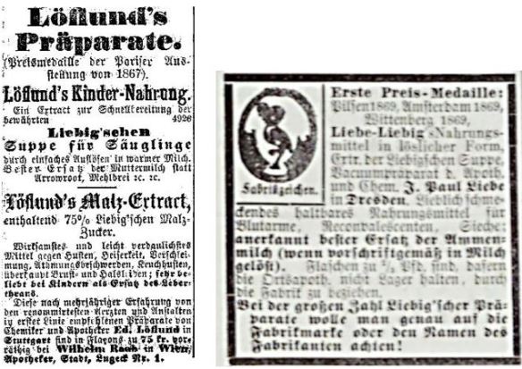 04_Die Presse_1869_07_01_Nr180_p8_Kladderadatsch_24_1871_Nr01_Beibl_p2_Malzprodukte_Malzsuppe_Liebig_Loeflund_J-Paul-Liebe_Säuglingsernährung