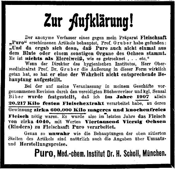 19_Wiener Medizinische Wochenschrift_58_1908_Sp834_Lebensmittelskandal_Fleischsaft-Puro