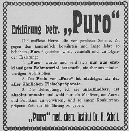 21_Allgemeine Zeitung_1908_05_30_Nr103_pVI_Lebensmittelskandal_Fleischsaft-Puro_Hermann-Scholl