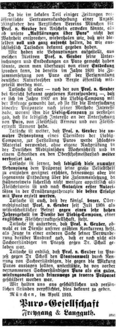28_Leipziger Tageblatt und Handelszeitung_1910_04_03_Nr091_p8_Lebensmittelskandal_Fleischsaft-Puro_Max-von-Gruber_Liebig-Compagnie