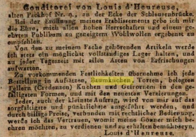 05_Berlinische Nachrichten_1820_03_16_Nr033_p16_Konditorei_Berlin_Baumkuchen_Louis-d'Heureuse