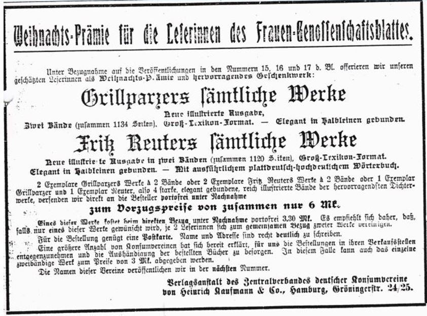 11_Frauen-Genossenschaftsblatt_05_1906_p167_Bücher_Weihnachtspraemie_Grillparzer_Fritz-Reuter