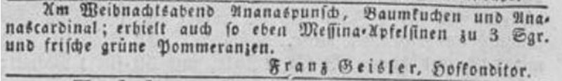 13_Düsseldorfer Zeitung_1834_12_23_Nr305_p4_Konditor_Weihnachten_Baumkuchen_Ananas_Apfelsinen