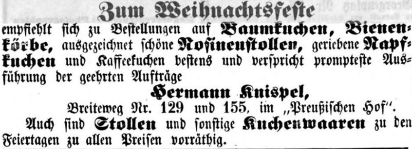 14_Magdeburgische Zeitung_1854_12_21_Nr299_p12_Konditor_Weihnachten_Baumkuchen_Stollen_Hermann-Knispel
