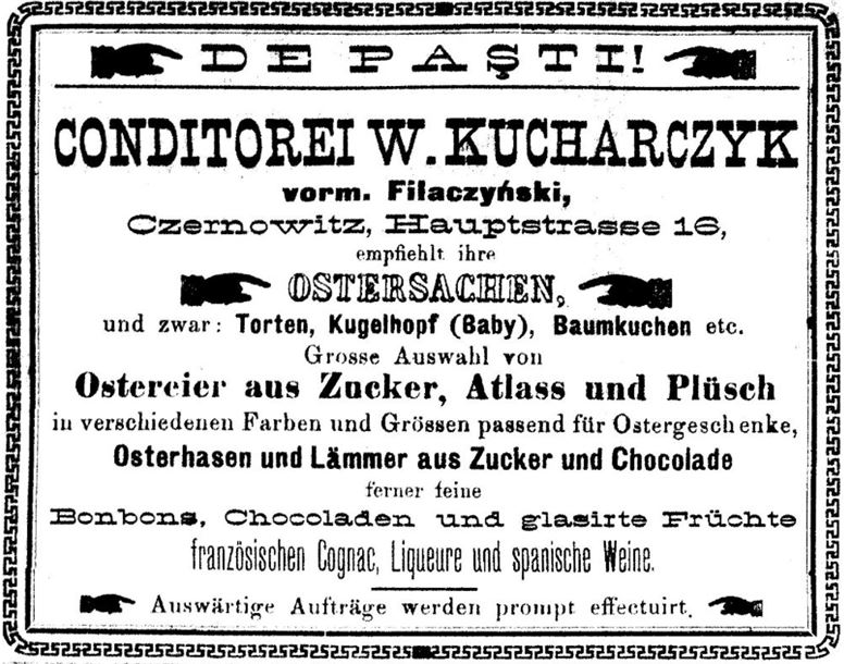 15_Bukowinaer Post_1894_04_08_Nr060_p8_Konditor_Ostern_Ostereier_Baumkuchen_Czernowitz