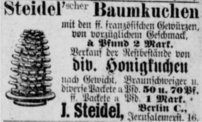 18_Berliner Tageblatt_1888_01_08_Nr014_p11_Konditor_Baumkuchen_Steidel