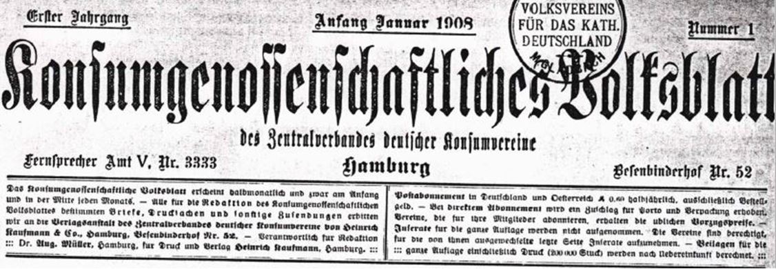 27_Konsumgenossenschaftliches Volksblatt_01_1908_p001_Impressum_Konsumgenossenschaften