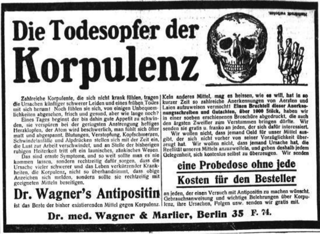 09_Dresdner Nachrichten_1906_Nr220_08_12_p04_Schlankheitspraeparate_Antipositin_Wagner-Marlier_Totenschaedel_Korpulenz