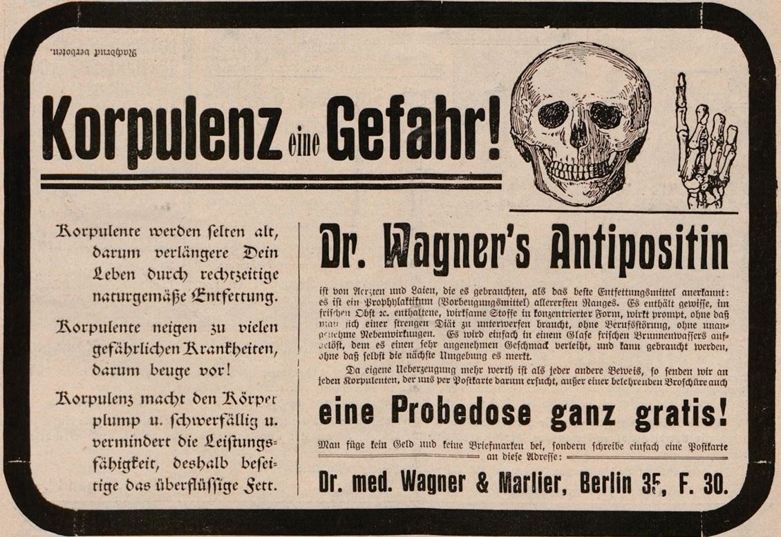 11_Jugend_10_1905_p717_Schlankheitspraeparate_Antipositin_Wagner-Marlier_Totenschaedel_Geheimmittel_Korpulenz