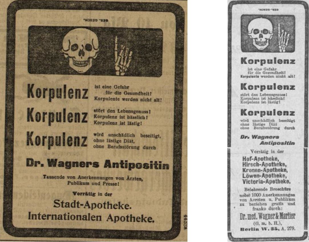 12_Badische Presse_1906_06_02_Nr255_p6_Wiesbadener Tagblatt_1906_07_10_Nr314_p26_Schlankheitspraeparate_Antipositin_Wagner-Marlier_Totenschaedel_Geheimmittel_Korpulenz