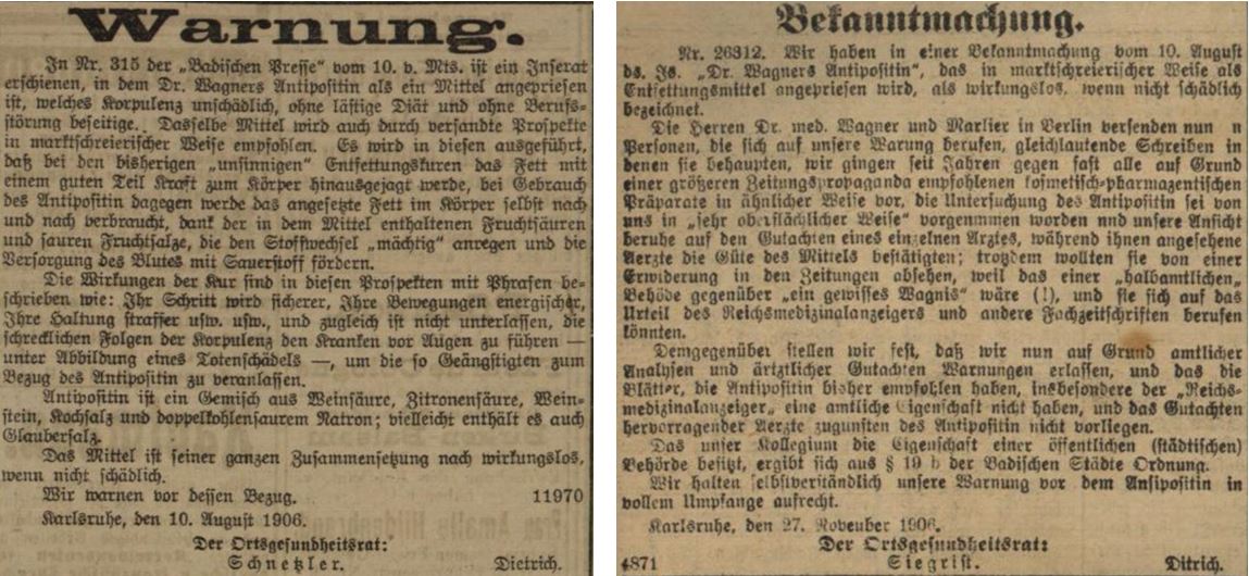 13_Badische Presse_1906_08_17_p3_Volksfreund_1906_12_08_Nr1287_p2_Schlankheitspraeparate_Antipositin_Wagner-Marlier_Werbung_Geheimmittel_Warnung