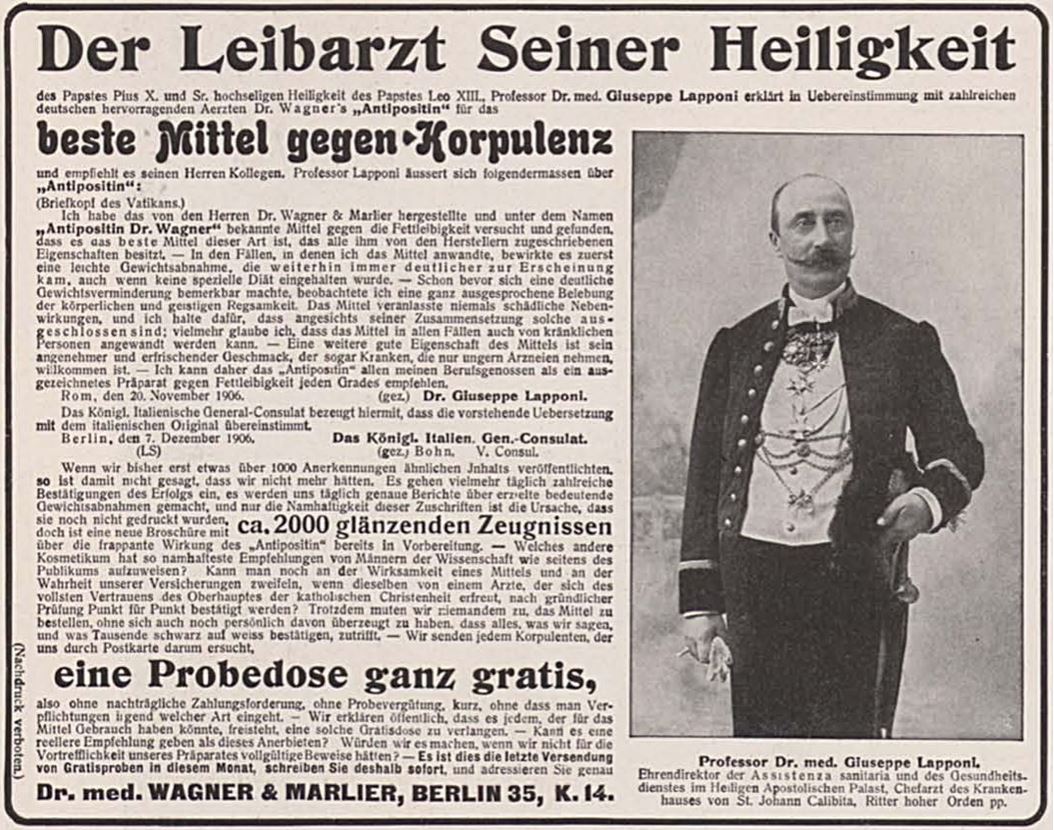 16_Simplicissimus_11_1906-07_p680_Schlankheitspraeparate_Antipositin_Wagner-Marlier_Geheimmittel_Guiseppe-Lapponi_Empfehlungsschreiben