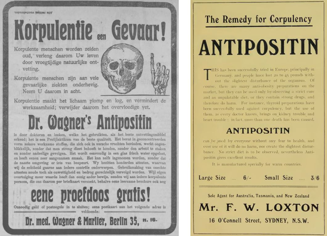 18_Arnhemsche Courant_1906_06_14_Nr6177_p2_Loxton's Medical Guide_1910_p137_Schlankheitspraeparate_Antipositin_Totenschaedel_Wagner-Marlier_Niederlande_Australien