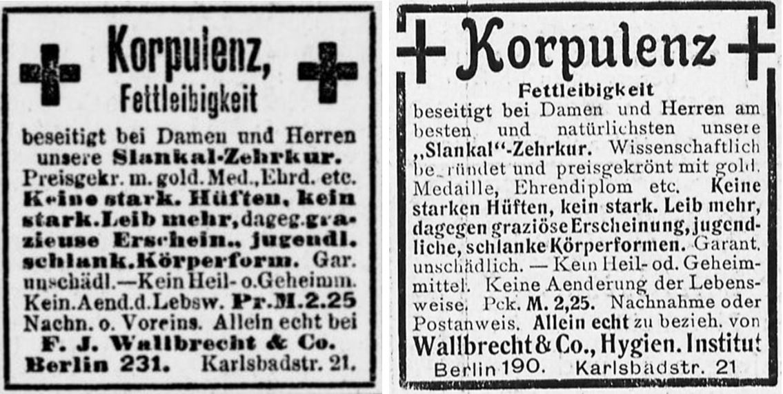 21_Berliner Tageblatt_1904_12_05_Nr240_p08_Berliner Leben_04_1904_np196_Schlankheitspraeparate_Slankal_Geheimmittel_Wallbrecht_Korpulenz