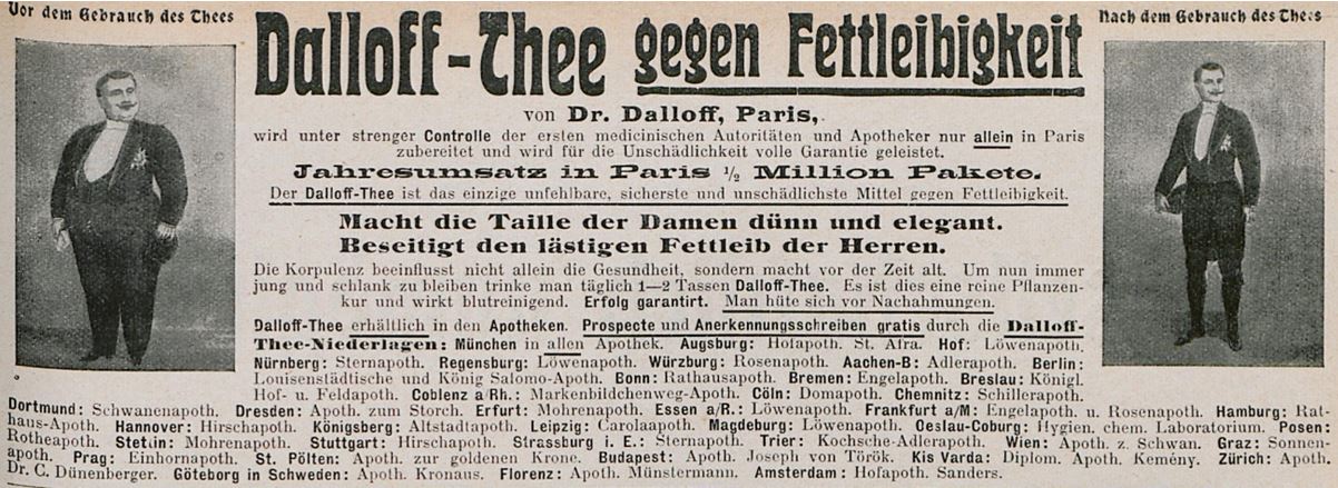 24_Fliegende Blaetter_124_1906_Nr3167_Beibl6_p7_Schlankheitspraeparate_Entfettungstee_Dalloff_Paris_Vorher-Nachher_Korpulenz