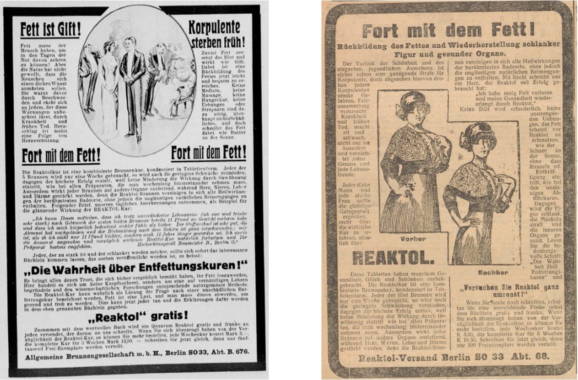 25_Der Welt-Spiegel_1913_02_13_p7_Illustrierte Kronen-Zeitung_1914_11_29_Nr5356_p14_Schlankheitspraeparate_Reaktol_Geheimmittel_Korpulenz