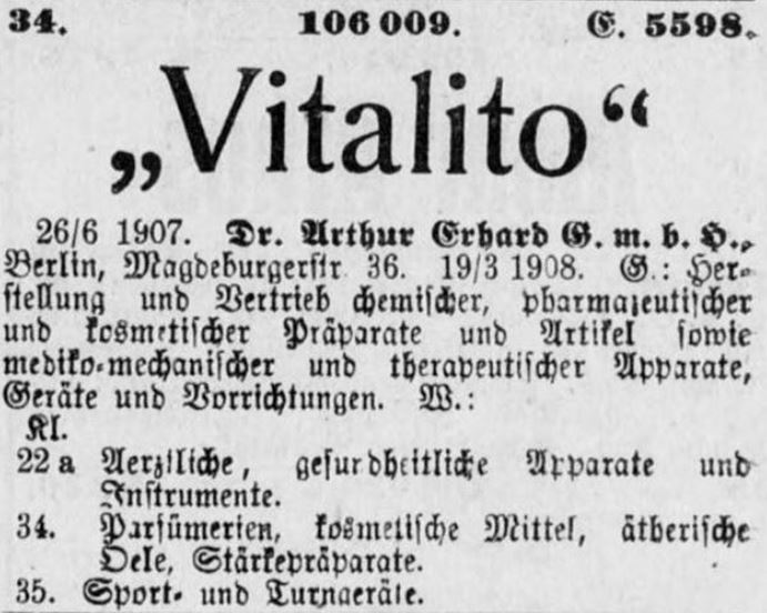 26_Deutscher Reichsanzeiger_1908_04_03_Nr081_p16_Warenzeichen_Vitalito_Arthur-Erhard