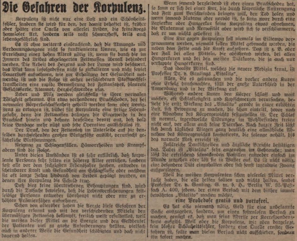 28_Illustrierte Kronen-Zeitung_1912_05_08_Nr4436_p10_Schlankheitspraeparate_Vitalito_Professor-Dr-von-Ganting_Geheimmittel_Korpulenz