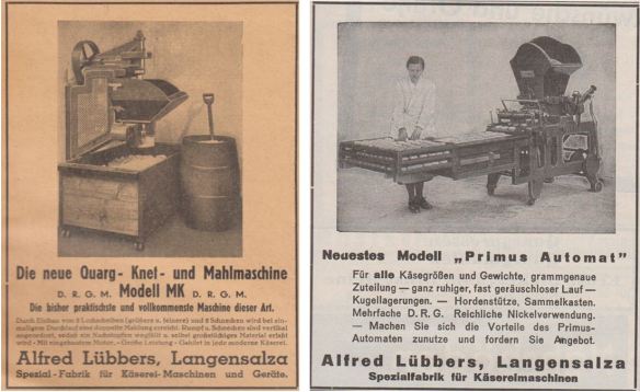 03_Die Kaese-Industrie_09_1936_p40_ebd_11_1938_p15_Kaeseproduktion_Sauermilchkaese_Maschinenbau_Kaesereimaschinen_Alfred-Luebbers_Langensalza