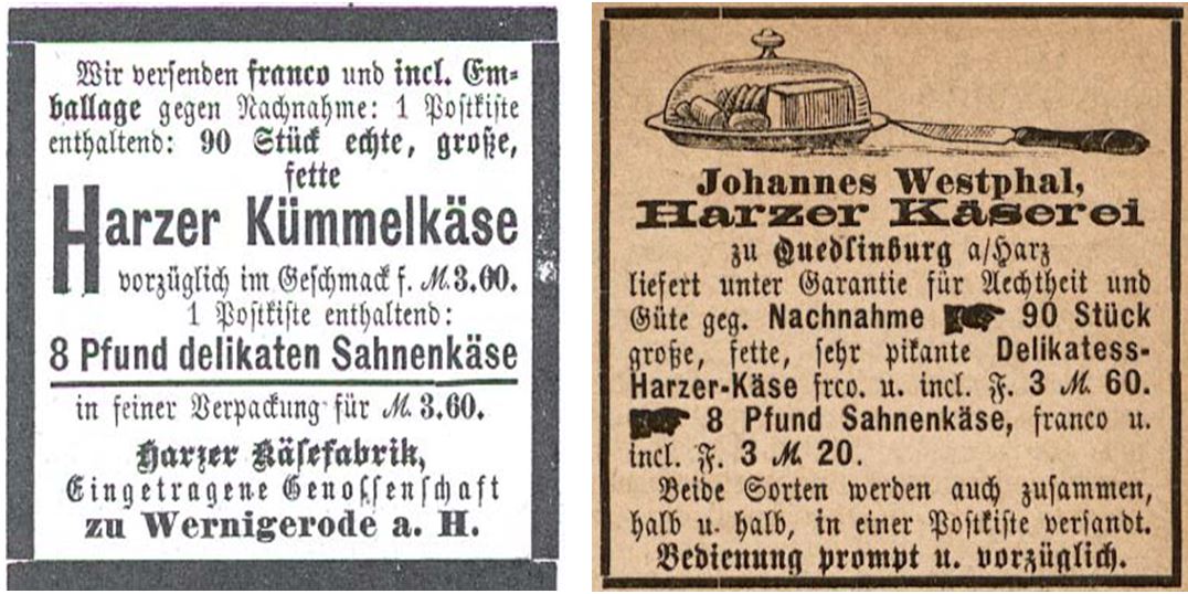 03_Fliegende Blaetter_082_1885_Nr2059_Beibl_p2_ebd_Nr2080_Beibl_p3_Kaese_Sauerkaese_Harzer-Roller_Wernigerode_Quedlinburg_Johannes-Westphal_Versandgeschaeft