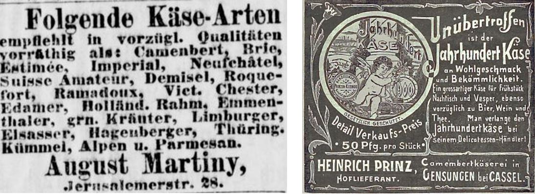 06_Berliner Tageblatt_1878_01_13_Nr11_p12_Kladderadatsch_53_1900_Nr01_p08_Kaese_Camembert_Angebot_Jahrhunderkaese_Heinrich-Prinz_Gensungen