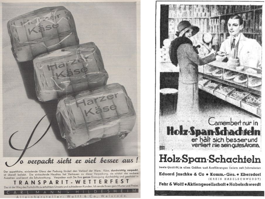 16_Die Kaese-Industrie_11_1938_p069_Deutsche Handels-Rundschau_28_1925_p285_Kaese_Harzer-Roller_Verpackungen_Cellophan_Holzspanschachteln