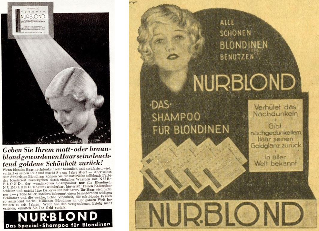 23_Illustrierter Beobachter_11_1936_p1756_Drogisten-Zeitung_48_1933_p156_Haarpflege_Haarshampoo_Nurblond_Verpackung_Werbematerial