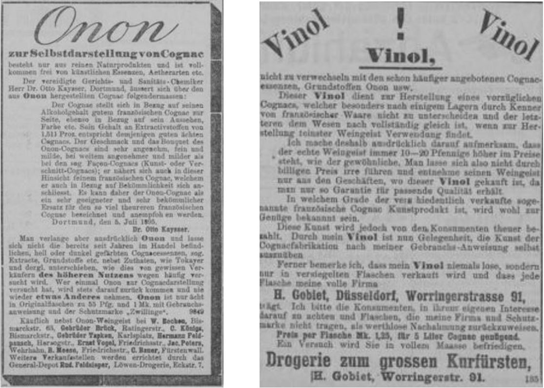 07_Buerger-Zeitung fuer Duesseldorf_1895_11_17_Nr169_p3_ebd_12_15_Nr292_p3_Essenzen_Selbstbereitung_DIY_Onon_Vinol_Kognak_Spirituosen