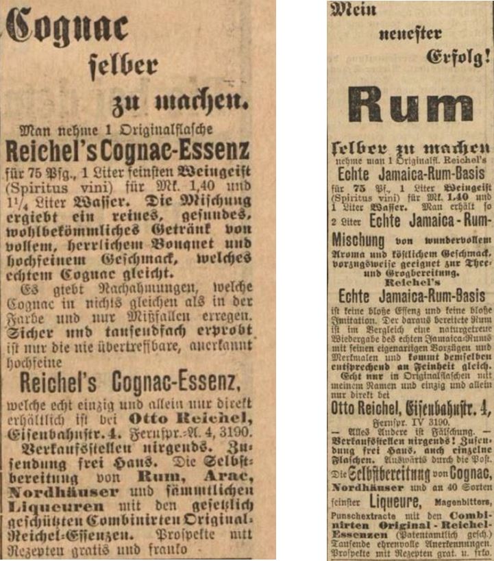 12_Vorwaerts_1898_02_06_Nr031_p14_ebd_03_08_Nr056_p10_Otto-Reichel_Essenzen_Spirituosen_Selbstbereitung_DIY_Rum_Kognak