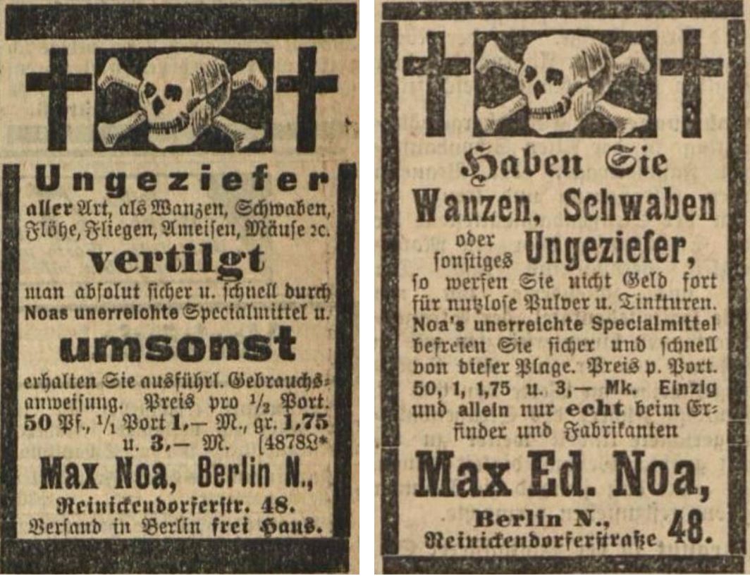 21_Vorwaerts_1900_06_09_Nr131_p07_ebd_1901_08_11_Nr186_p06_Max-Noa_Schaedlingsbekaempfung_Totenkopf_Ungeziefer_Wanzen_Schwaben