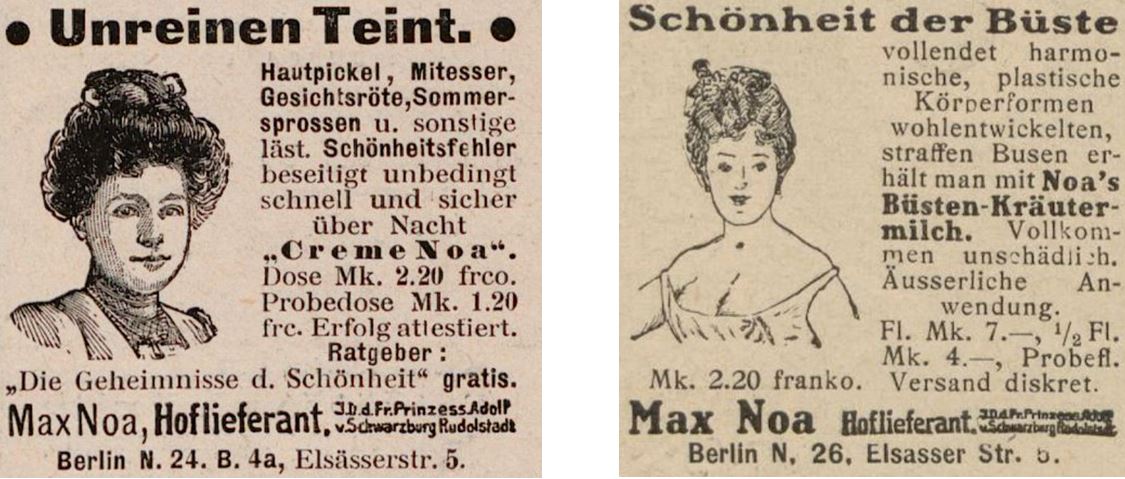 22_Jugend_12_1907_p193_Lustige Blaetter_23_1908_Nr19_p15_Max-Noa_Hautpflege_Creme-Noa_Busencreme_Geheimmittel_Versandgeschaeft
