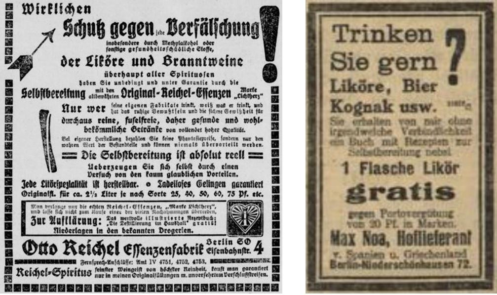 29_Berliner Volks-Zeitung_1912_01_09_Nr013_p10_Badische Presse_1912_02_10_Nr070_p06_Otto-Reichel_Max-Noa_Essenzen_Spiriuosen_Likoer_Selbstbereitung_DIY