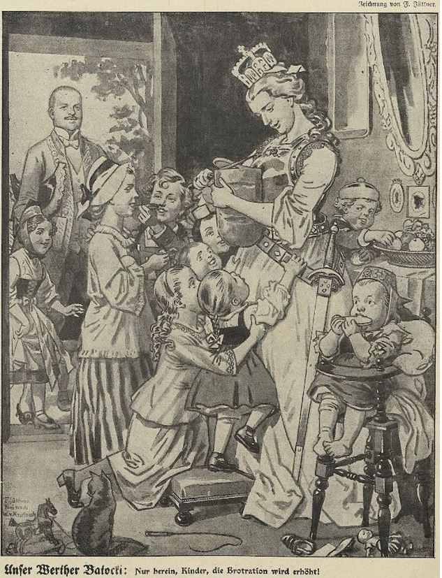 04_Lustige Blaetter_31_1916_Nr40_p2_WKI_Nahrungsmittelversorgung_Brot_Rationierung_Germania_Kinder_Batocki